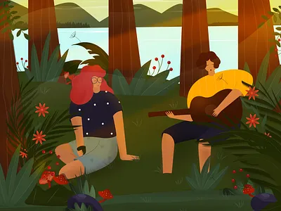 nice evening in the forest camping characters colors cozy evening flowers forest fun guitar illustration lake mood nature plants playing river sing summer trees vector