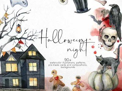 Happy Halloween night. Watercolor background card cat clip art composition design halloween halloween design house illustrations invitation magic pattern pumpkin seamless skull tomcat tree watercolor witch