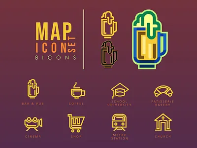 Map icon set bakery beer church coffee colorful geometry icon icon set logo logos map maps metro pictogram pictograph school vector