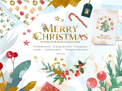 Merry Christmas Watercolor Design Set berries brunches christmas cones design floral gift greeting cards hand drawn hand drawn illustration illustration invitations leaves merry christmas vector watercolor watercolor collection watercolor design watercolor design set watercolor set