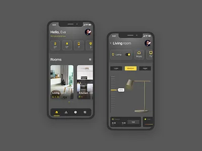 Smart House online controls dark app dark ui design iphone x light navigation bar slider smart smart home smarthouse tabs ui ux yellow