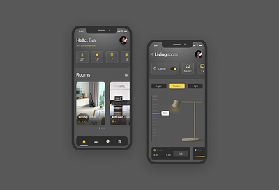 Smart House online controls dark app dark ui design iphone x light navigation bar slider smart smart home smarthouse tabs ui ux yellow