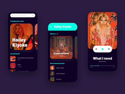 Music player #3 - dark mode animation album animation app app design application daily ui dark mode dark ui framerx interaction design mobile app mobile ui music music app music player neon blue orange prototype purple ui