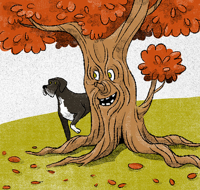 Hello there autumn childrens illustration digital illustration dog great dane gritty illustration retro retro illustration tree