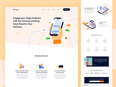 Social Media Landing Page Exploration follower gradient homepage illustration ilustration instagram landing page mobile social app social media ui web design website