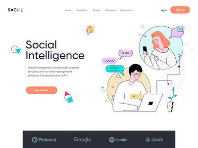 Social Intelligence - Landing page animation app app design clean collaboration data data app home page illustrations landing management minimal network service social social media ui web design website