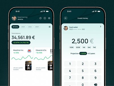 Investment App Concept account bank chartlines design finance gradient green home invest money numbers product tabs ui ux