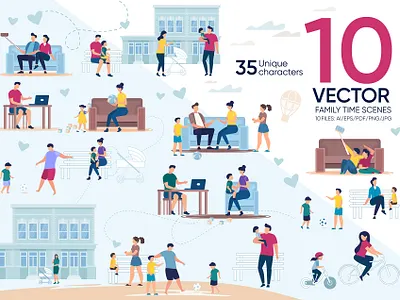 Family Time Vector Scenes art baby banner boy childhood couple cute daughter design drawing family kids leisure life lifestyle love mom person relationship vector