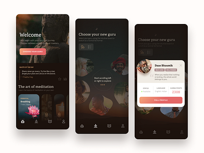 Find your guru 🧘🏾‍♂️ app dark design educational immersive meditation mindful mindfulness quote selection spirituality ui yogi