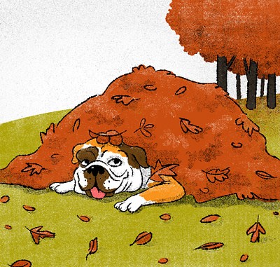 Hard at work autumn autumn leaves childrens illustration digital illustration dog english bulldog illustration retro retro illustration