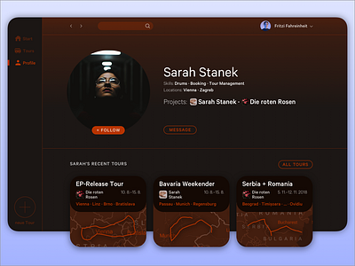 Daily UI #6 User Profile app band brown dailyui dark desktop desktop app map music musician orange planner product design tour ui user interface user page user profile userinterface ux