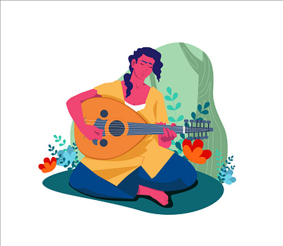 A lady playing the lute 2d animation character design flat girl illustration lady music nature plants play playing song video