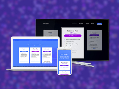 Pandora Upgrade Cards animation cards clean ecommerce mobile responsive shopping tiers tv ui web