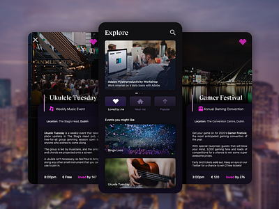 Meetup/Events Dark Mode Exploration app app ui colour transition creative design daily dark mode design event app explore gradient homepage interface meetup night mode ui ux ui