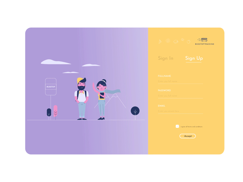 Daily UI #01 - Sign Up - BussStopTracking animation daily01 dailylogochallenge dailyui illustraion interaction interface interfaces ui uianimation vector visual design web webdesign