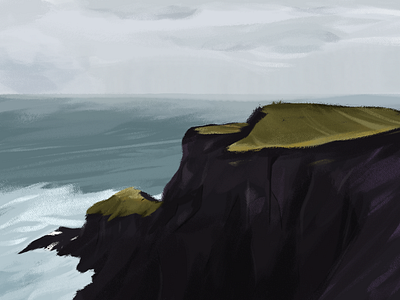 Cliff Painting cliff cloudy coast gouache grass sea