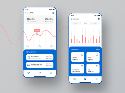 Internet Network Monitoring App analysis analytics dashboard app design bar chart d link data internet line chart minimal mobile modem monitor network router speed statistic traffic ui user interface design ux