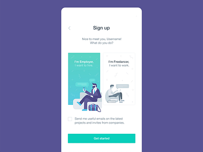 Sign up screen for a global writing freelancing platform animation app character design employer flat freelancer get started hire illustration job mentalstack mobile people sign up ui ux welcome work