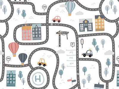 City roads buidings cars children city city illustration cute houses illustration nursery pattern design police roads