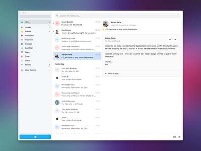 Email app on macOS app clean dark design email interface light mac minimal mode os simple things ui ux