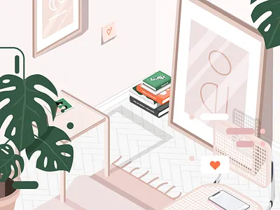 Zoom books furniture illustration isometric illustration isometry plants room