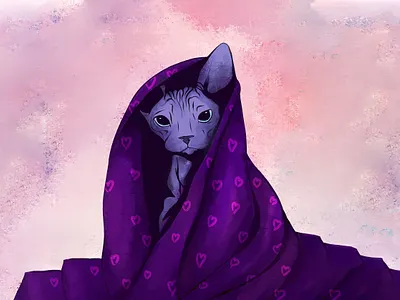 Black Sphynx Cat Snuggled Up in a Blanket black blanket cat digital illustration hairless cat hearts lovable procreate purple snug bug sphynx