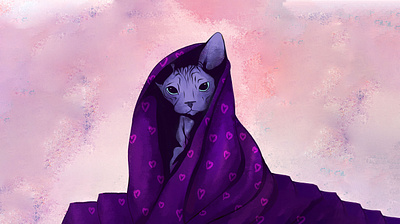 Black Sphynx Cat Snuggled Up in a Blanket black blanket cat digital illustration hairless cat hearts lovable procreate purple snug bug sphynx