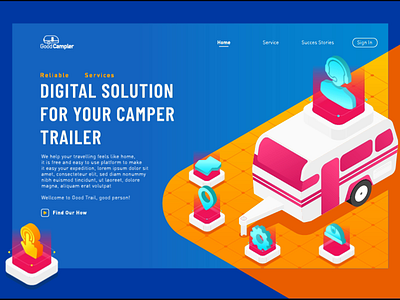 animated isometric hero image for camper trailer animated banner animation campervan exploration hero image illustration landing page traveling