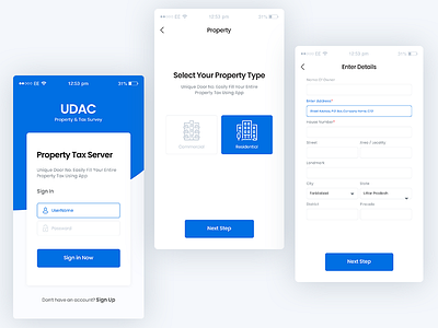 Mobile UI blue business clean ui design enterprise form forms login procreate property register select form signup ui ux white