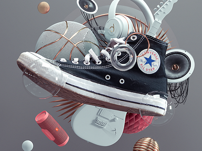 playground. 3d 3dart basketball cgi colorful converse digitalart guitar jbl player render shapes sneakers spheres