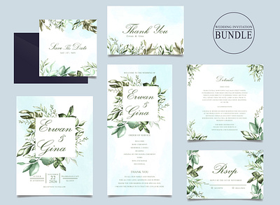 Wedding invitation card bundle with green leaves template background botanical bundle card decoration design floral flower garden green illustration invitation leaves nature set spring template vintage wedding wreath