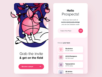 Dribbble Invite app application design drawing giveaway illustration invitation invite linework mobile pink player prospect ui ux