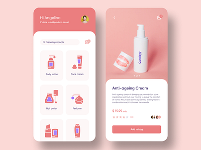 Cosmetics e-Commerce App app design app ui body care cosmetic cosmetic packaging cosmetics ecommerce ecommerce app face cream lip stick nail polish perfume product design shampoo skin care ui design