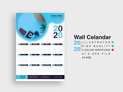 2020 Wall Calendar Template. 2020 2020 calendar a3 ai blue branding calendar company creative design eps green illustrator red wall wall calendar