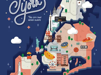 New York City illustrated city map poster brooklyn building calligraphy city coffee handlettering illustrated lettering manhattan map monoline new york new york city ny nyc script sightseeing statue of liberty tourist town