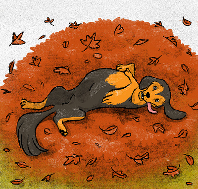 Belly rub autumn childrens illustration digital illustration dog doggy fall gritty illustration playful retro retro illustration