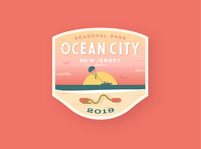 Ocean City Beach Tag adobe illustrator badge design beach beach tag boat logo branding clouds coral illustration jersey cape jersey shore new jersey parasailing sand seagulls seasonal sunset typography