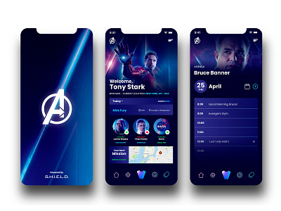 Avengers App avengers bruce banner hulk iron man marvel mcu peter parker shield tony stark ui ui design ux ux ui ux design war machine