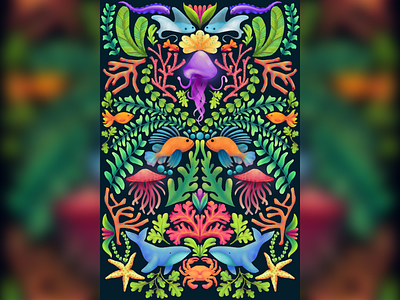 Underwater animal illustration digital illustration fish illustration jellyfish ocean pattern sea tapestry whale
