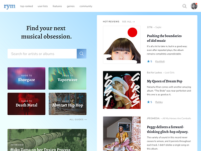 Rate Your Music Home Page Concept adobe xd content design desktop features gradient music music reviews web design