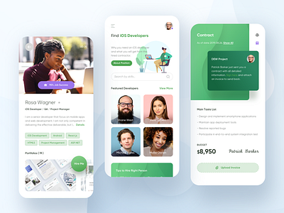 Finding freelancer app app card clean contact contract details gallery green illustratiion list mobile price profile search sign ui video