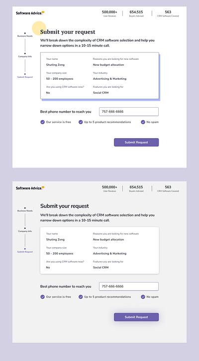 submit your request - form experience form lead generation product design transparency uxui