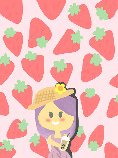strawberry girl with boba tea boba tea cute cute art girl girl character girl illustration illustration pink strawberry