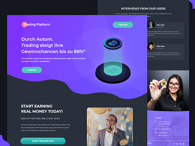 Trading Platform Landingpage adobe xd bitcoin bitcoins clean dark ui green homepage icon illustraion money night trading typography ui ux vector