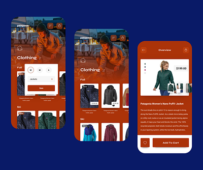 patagonia clothing mobile app application dark ecommerce interface mobile app orange patagonia ui ux