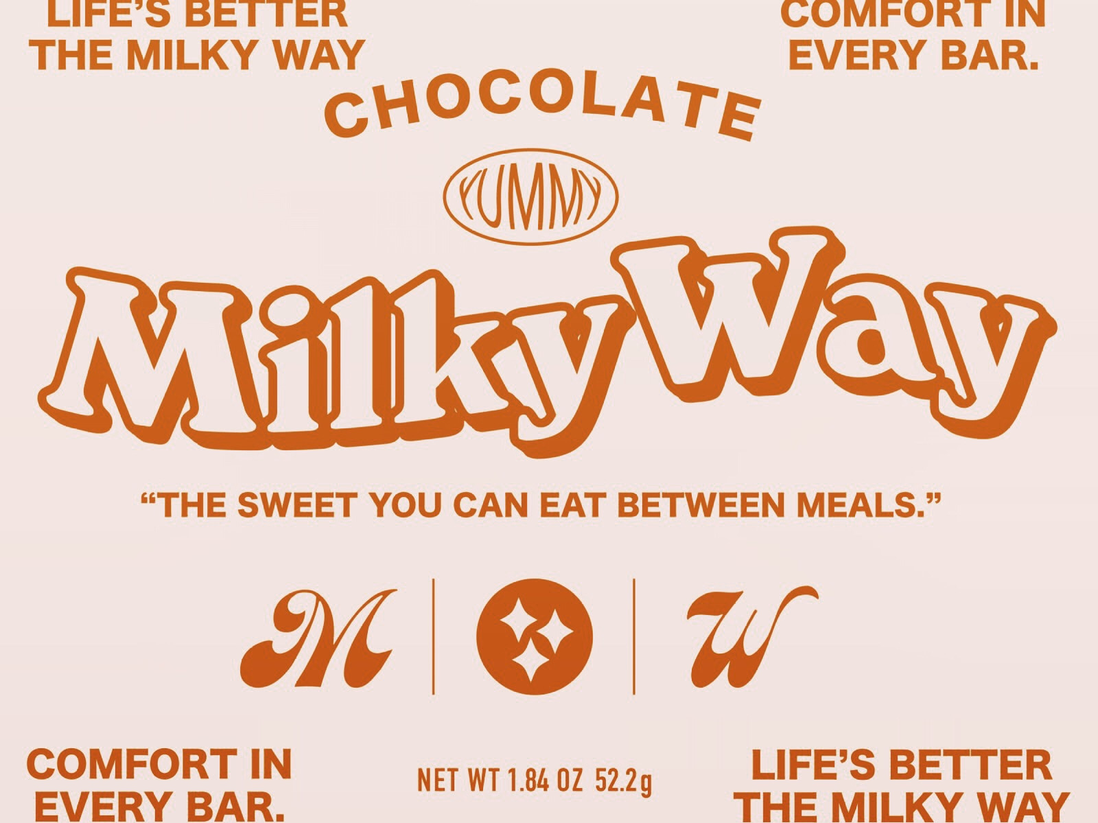 WW3: Redesign a chocolate bar wrapper 🍫 70s candy chocolate food groovy label milky way milkyway packaging print retro typography vintage wrapper
