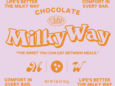 WW3: Redesign a chocolate bar wrapper 🍫 70s candy chocolate food groovy label milky way milkyway packaging print retro typography vintage wrapper