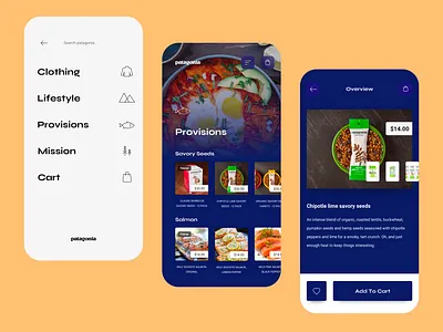 patagonia menu and provisions mobile app blue dark ecommerce flat interface mobile mobile app patagonia ui ux white