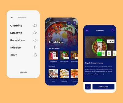 patagonia menu and provisions mobile app blue dark ecommerce flat interface mobile mobile app patagonia ui ux white