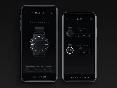 Watches Shop Mobile App app app design bradley cart checkout dark mode dark ui minimal shop store ui ux watches
